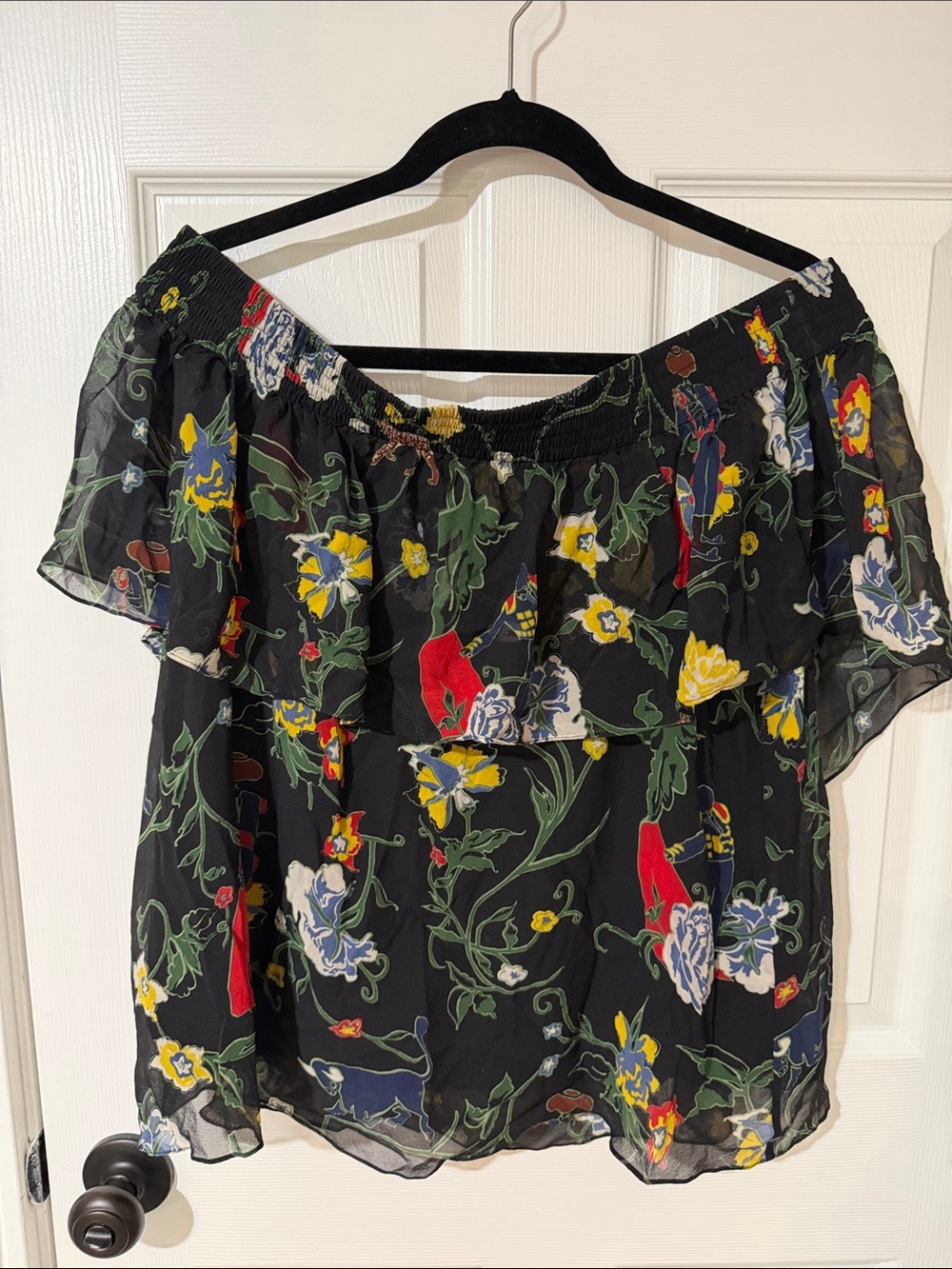 Tibi Black Floral Off-Shoulder Blouse with Multicolor Blooms